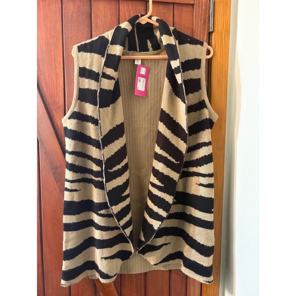 Spense Petite Tiger Stripe Animal Print Open Front Ribbed Knit Sweater Vest PL